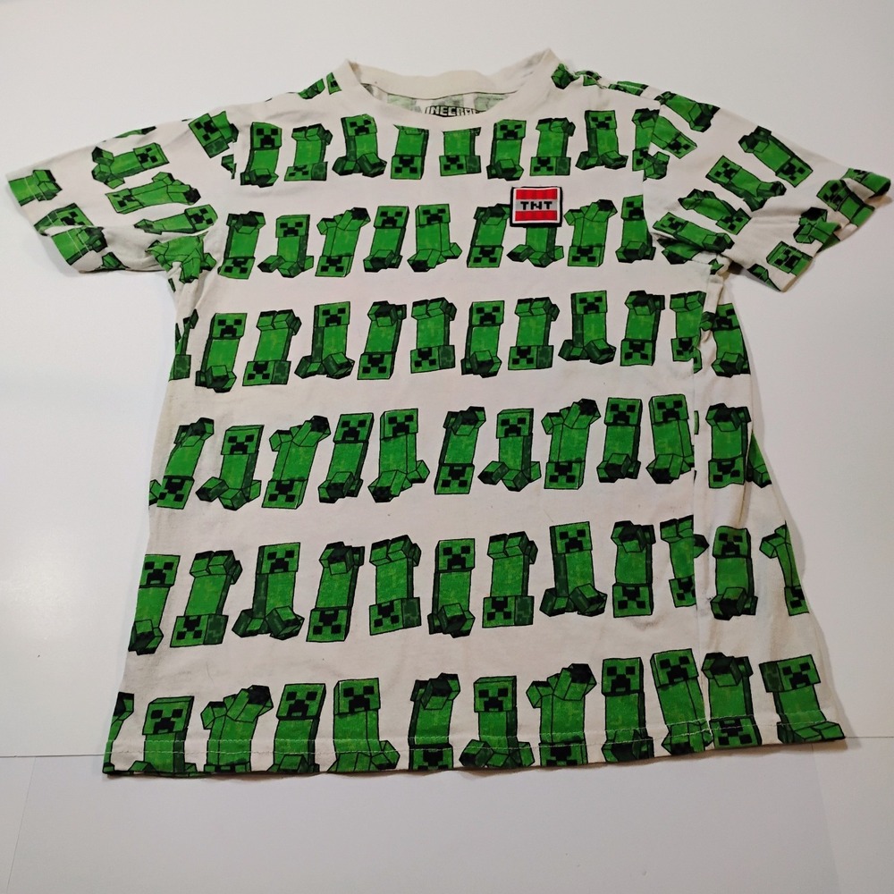 Minecraft Boy's Size 10/12 Minecraft Graphic Short Sleeve  White Green Tee Shirt